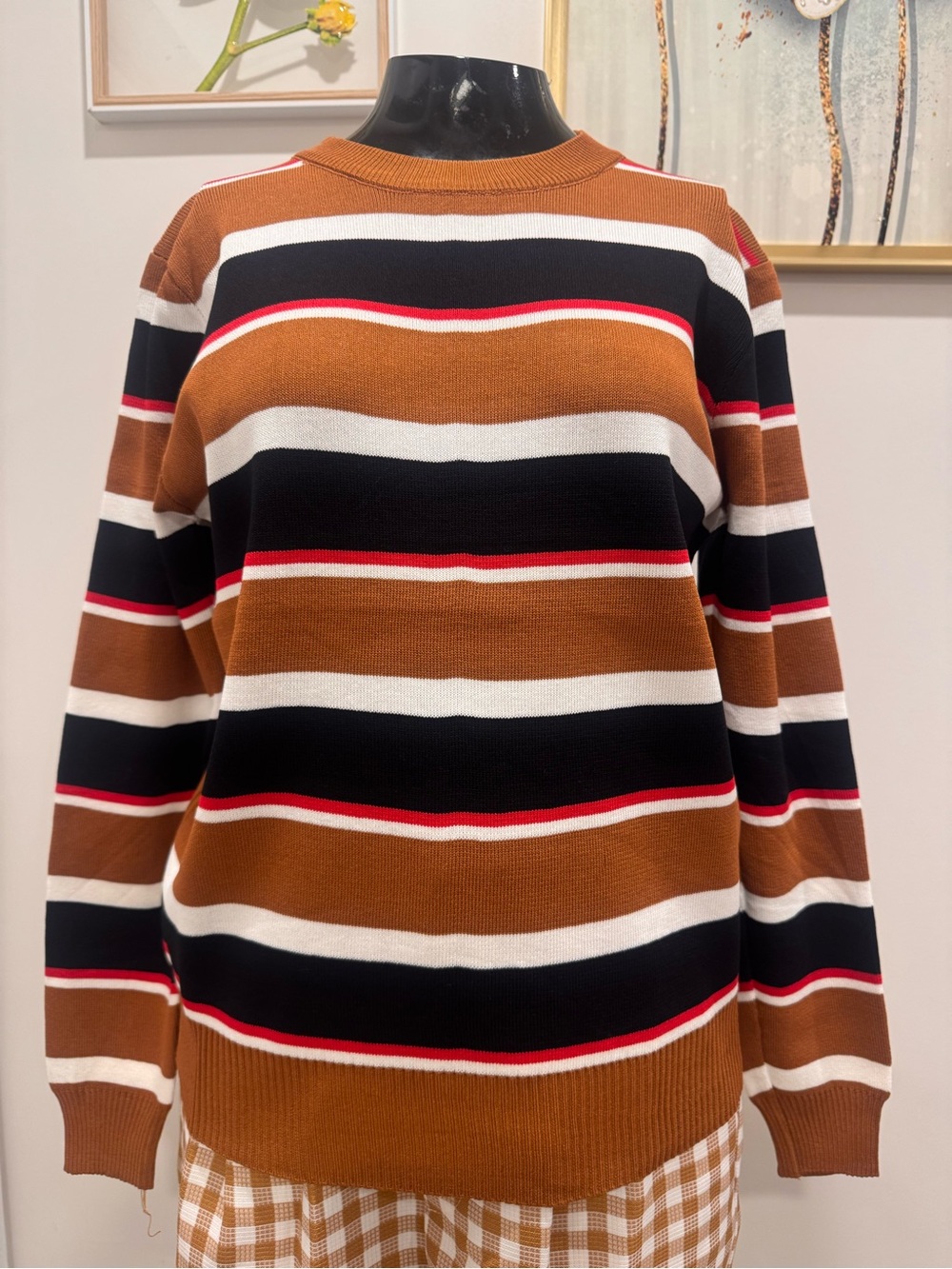 NEW KNITTED Chestnut Striped Crewneck Sweater with Black, White & Red Accents